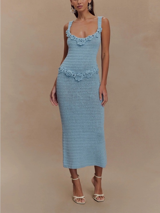 Meshki Dresses & Skirts - Meshki Light Blue Crochet Floral-Trim Midi Dress